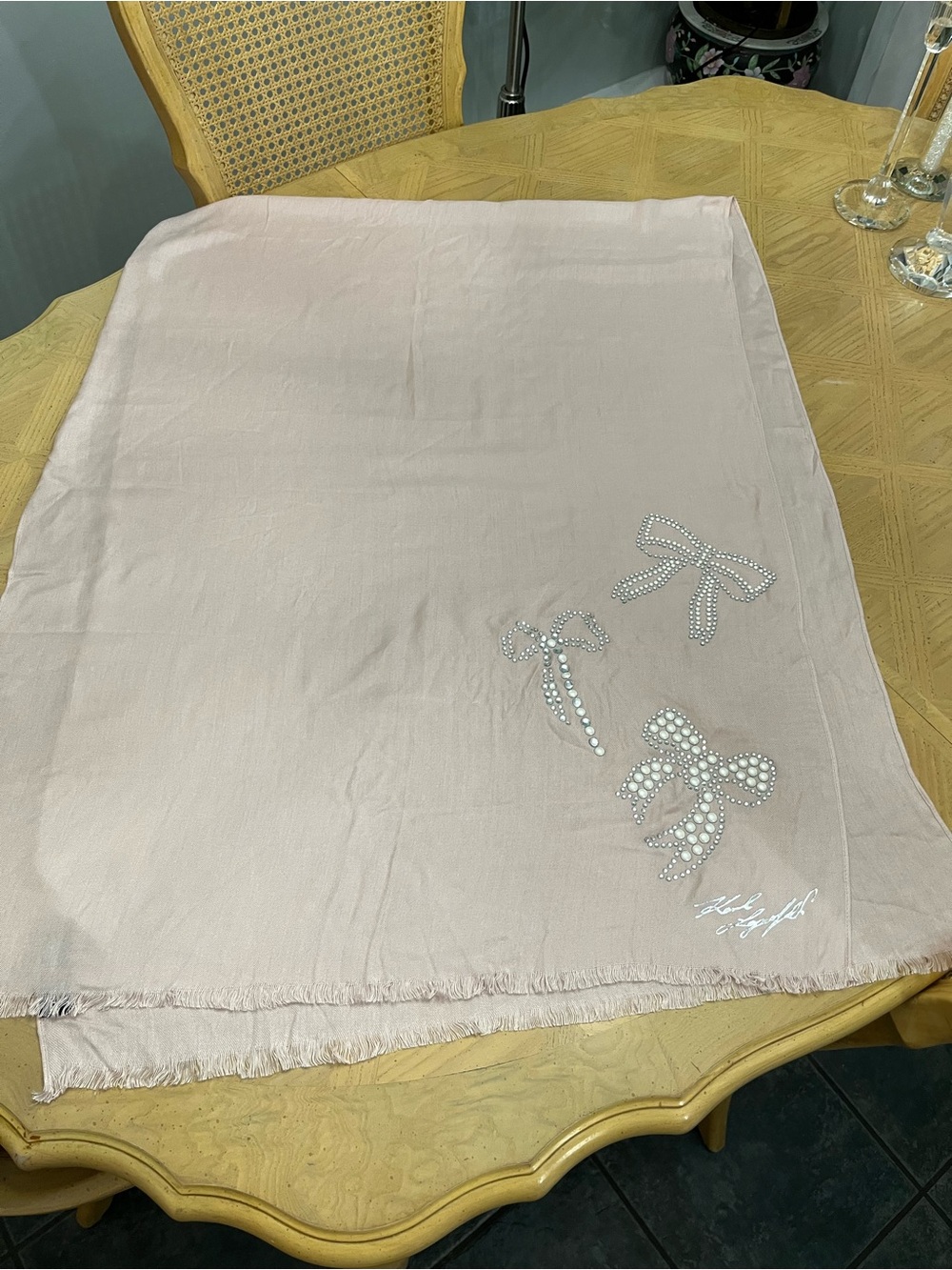 Karl Lagerfeld Pale Pink Scarf with Crystal, Pearl Bow Accents